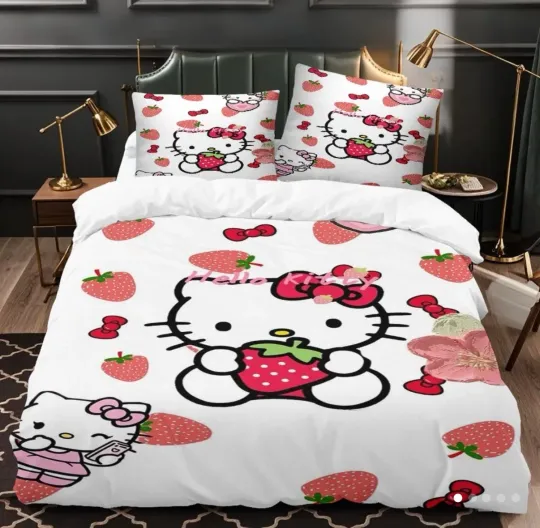 Hello Kitty Bedding Set Sanrio Kawaii Twin Duvet Cover Pillowcases