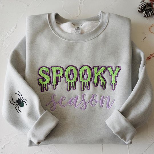 Embroidered Spooky Season Halloween Sweatshirt & Hoodie, Fun Fall Crewneck Sweater, Autumn Pullover, Autumn-Themed Apparel, Cozy Fall