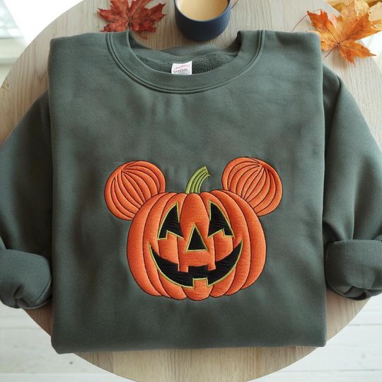 Disney Halloween Mickey Pumpkin Embroidered Sweatshirt, Disney Halloween Shirt, Disney Pumpkin Crewneck, Disney Fall Embroidered Sweatshirt