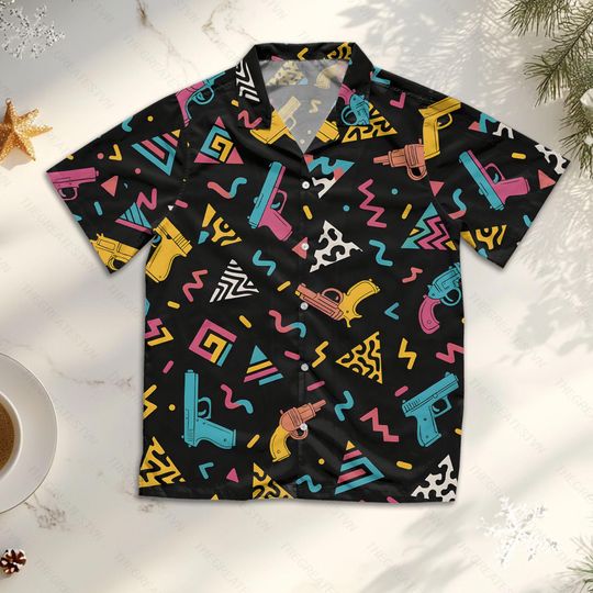 Colorful Gun Shape Hawaiian Shirt, Military Gun Summer Aloha Shirt, Lightweight Short-Sleeve Button-Up, Veteran Shirt for Grandpa, Dad