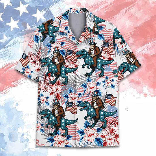 Patriotic Bigfoot Riding Dinosaur Hawaiian Shirt Men Women Youth, Funny 4th of July Shirt Button Up, Independence Day Outfits