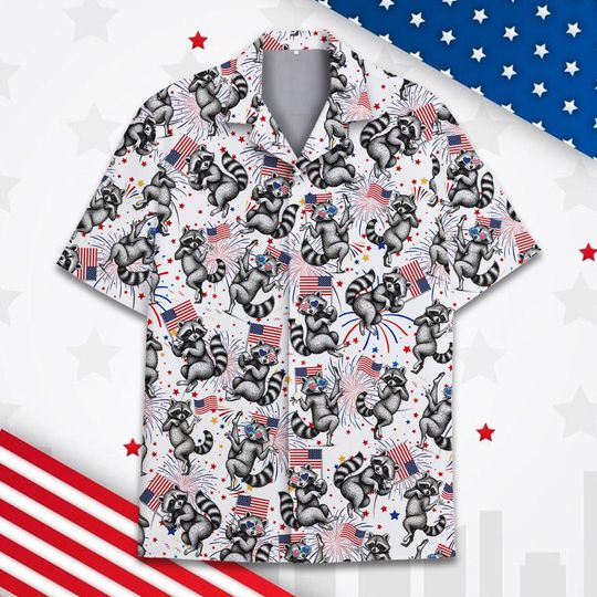 Raccoon American Flag Hawaiian Shirt For Men Women Youth, Funny Raccoon Patriotic Button-Down, 4th of July Shirt Short Sleeve