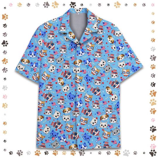 Cat American Flag Hawaiian Shirt For Men Women Youth, Funny Cat Patriotic Button-Down, 4th of July Shirt Short Sleeve