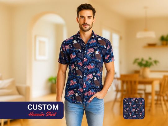 Custom face American Flag Hawaiian Shirt, Personalized 4th of July Shirt for Men, Independence Day Summer Party Outfit, Comfort Fit Unisex Shirt