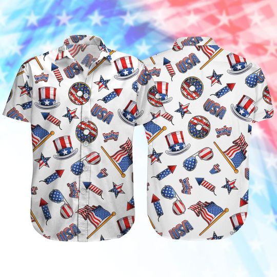 Retro 4th of July Button Shirt, Snack Symbol Usa Flag Shirt, Patriotic Usa Donut Hawaiian Top, Summer Gift For Patriotic, Independence