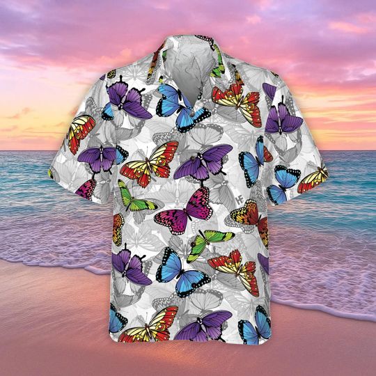 Colorful Butterfly Hawaiian Shirt, Tropical Travel Button Shirt, Vacation Summer Shirt, Butterfly Aloha Tee, Gift For Natural Lovers