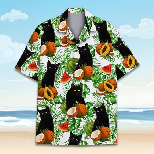 Tropical Cat Hawaiian Shirt Men Women Youth, Cute Black Cat with Fruit Shirt, Summer Vacation Aloha Shirt Button-Up Short Sleeve, Cat Gift