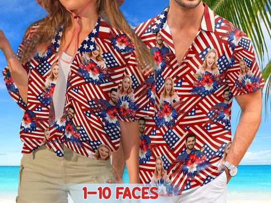 Customize 4th July Hawaiian Shirt With Face, Custom Independence Day Mens and Womens Shirts, Personalized American Flag Shirt, Face on Shirt