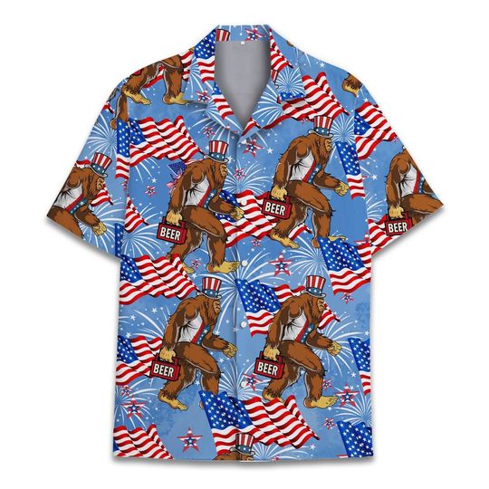 Bigfoot American Flag Hawaiian Shirt For Men Women Youth, Funny Bigfoot Patriotic Button-Down, 4th of July Shirt Short Sleeve