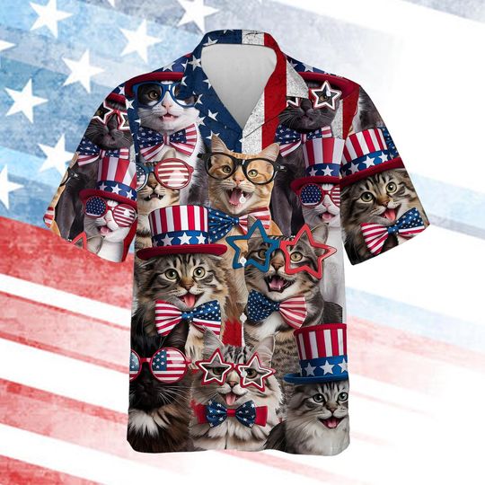 Cat American Flag Hawaiian Shirt For Men Women Youth, Funny Cat Patriotic Button-Down, 4th of July Shirt Short Sleeve
