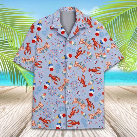 Patriotic Lobster & Ice Cream Hawaiian Shirt Men Women Youth, 4th of July Seafood Shirt, Fireworks Summer Coastal Button Down Shirt