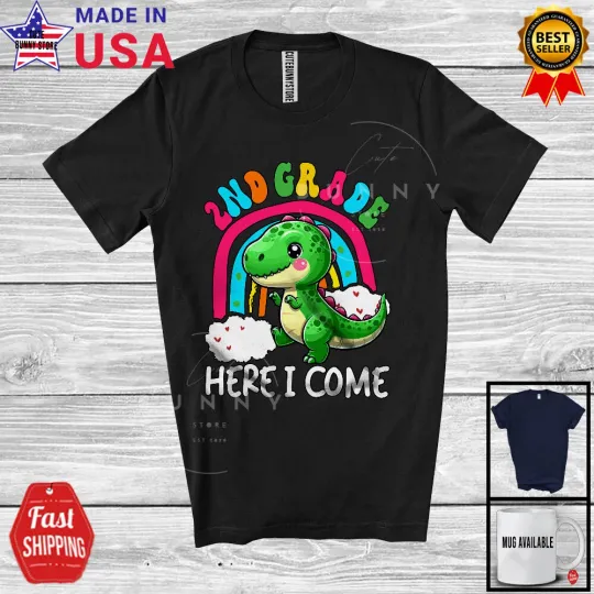 2nd Grade Here I Come; Lovely Back To School T-Rex Rainbow; Girls Students Shirt