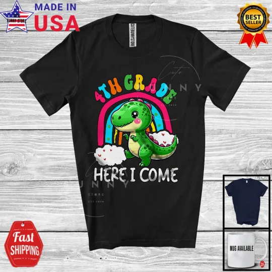 4th Grade Here I Come; Lovely Back To School T-Rex Rainbow; Girls Students Shirt