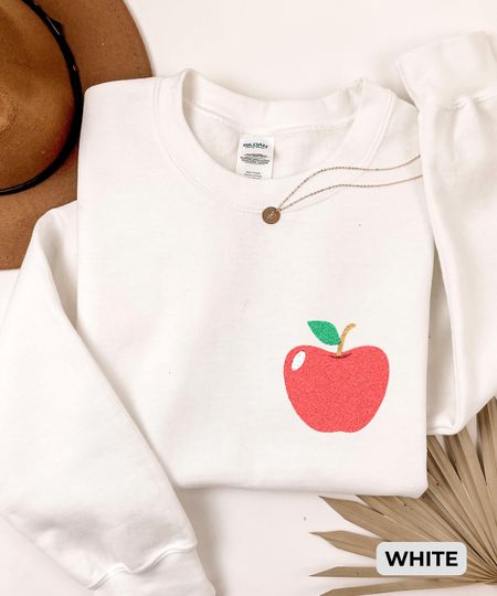 Apple Embroidered Crewneck Sweatshirt, Cozy Autumn Sweatshirt, Gift for Teachers, Minimalist Embroidery Design, Cute Fall Vibe Unisex Outfit