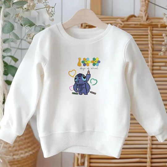 KIDS Stitch Days of School Embroidery Sweatshirt, Adorable Flower Youth Pullover, Cute Cartoon Character, Back To School Youth Gift ESH4483