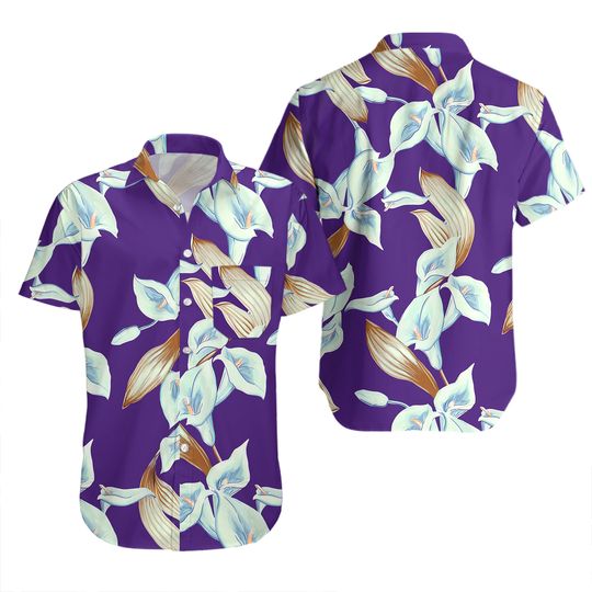 Calla Lily Purple Hawaiian Shirt Magnum PI Short Sleeve Summer Beach Size S-5X
