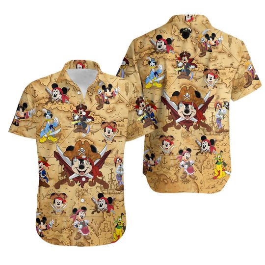 Disney Pirates Of The Caribbean Hawaiian Shirt, Mickey And Friends Treasure Button Down Shirt, Mickey Cruise Matching Shirt For Pirate Lovers