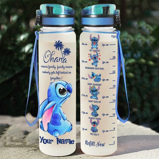 Custom Ohana Means Family Stitch Water Bottle, Lilo & Stitch Water Tracker Bottle, Disney Trip 32oz Bottle, Funny Bottle For Summer