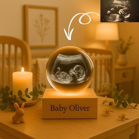 Baby Ultrasound Night Light with First Name - Personalized 2D Crystal Ball, Birth Gift, Baby Room Decoration, Baby Shower Souvenir
