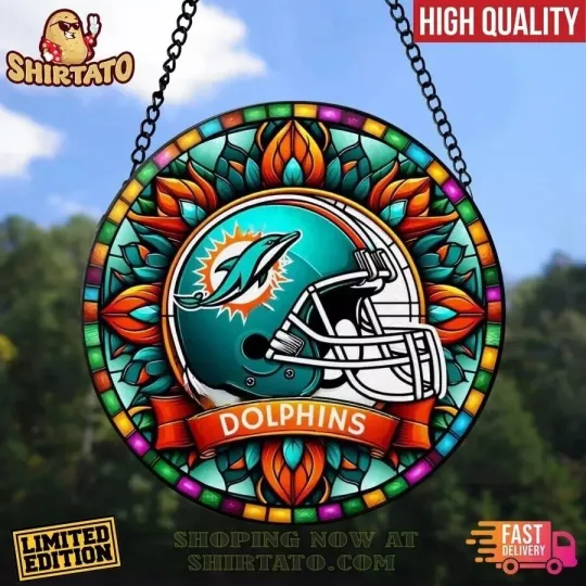 Miami Football Team Dolphinss Suncatcher Stained Glass Window Hanging Gifts