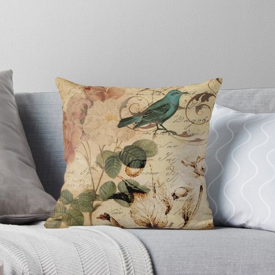 cottagecore modern vintage rose bird french botanical art Pillow