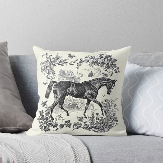 Elegant Vintage Rustic Black White Horse Floral Toile  Pillow