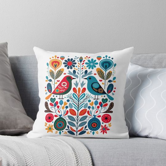Hygge Scandinavian Cottagecore Design of 2 Birds Pillow