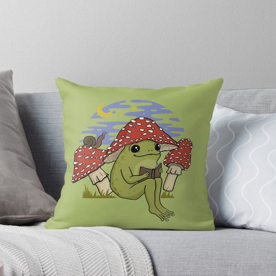 Cute Cottagecore Frog in Mushroom Hat Reading a Book: A Goblincore Toad Bookworm