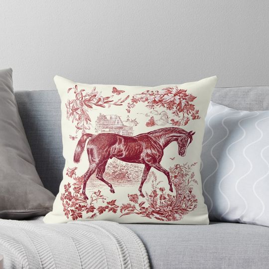 Elegant Stylish Vintage Rustic Horse Red Floral Toile  Pillow