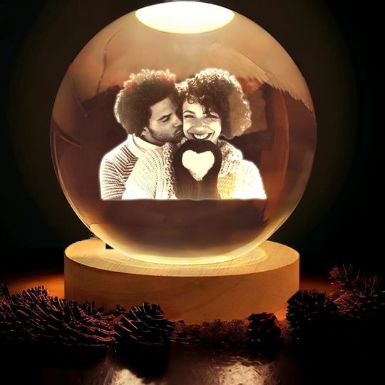 Custom Snow Globe Night Light, Personalized 2D Crystal Ball, Engraved Glass Photo Snow Globe, Wedding Anniversary Gift, Couple Keepsake Lamp