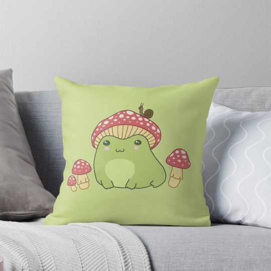 Kawaii Frog with Mushroom Hat: Cottagecore Aesthetic, Perfect for Frogge Lovers Pillow