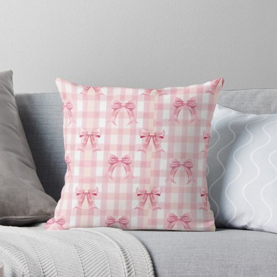 Coquette Pink Bow And White Pattern Pillow