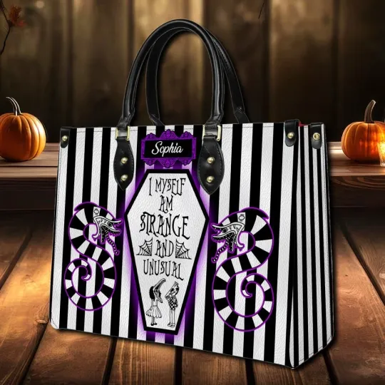 Personalized Beetlejuice Horror Leather Handbag, Halloween Leather Bag Gift