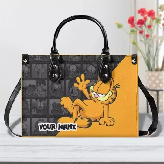 Personalized Garfield Cat Leather Handbag, Garfield Cat Women's Leather Bag Gift