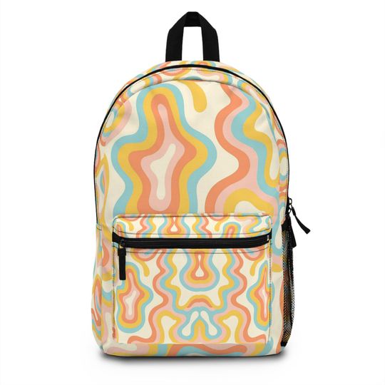 Colorful Pastel Waves & Swirls Backpack, Retro Trendy Bookbag, Groovy School Bag, Stylish Carry-All, Unique Gift for Teens