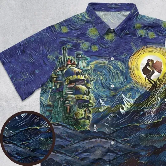 Howl’s Moving Castle Starry Night Hawaiian Shirt Casual Button Down Shirt