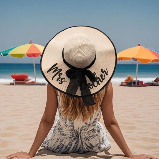 Embroidered Floppy Honeymoon Beach Hat, Customized Bride Sun Hat, Bachelorette Party Hat, Gift for Future Mrs, Bridesmaid Gift
