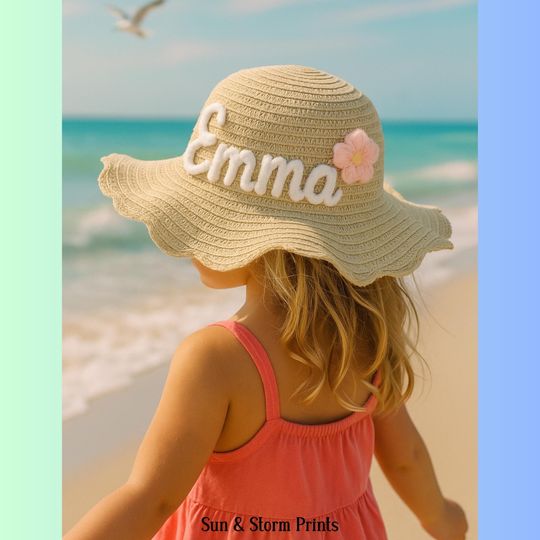 Personalized Kids Sun Hat with Embroidered Flower, Summer Beach Hat for Girls