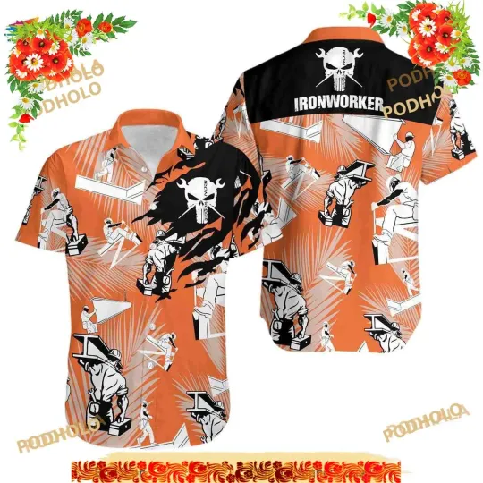Ironworker Skull Orange Funny Hawaiian Shirt