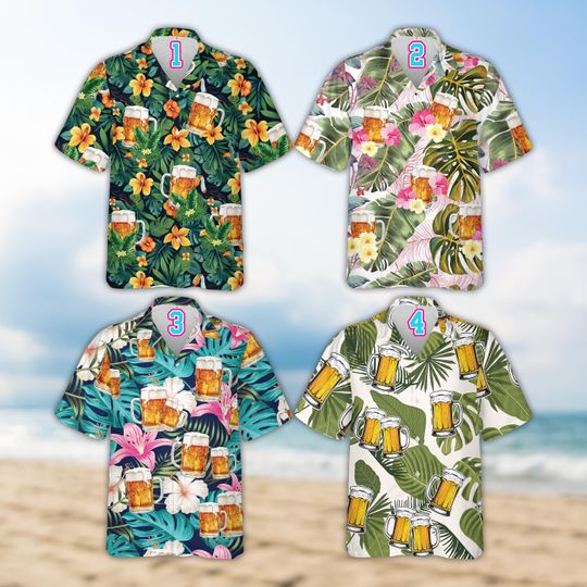 Tropical Beer Hawaiian Shirt For Men Women, Flowers & Palm Tree Beer Day Button Up Shirt, Beach Party Summer Aloha Shirt For Dad, Beer Lover