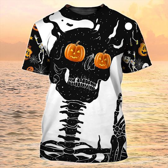 Funny Halloween Skeleton T-Shirt with Pumpkin Eyes