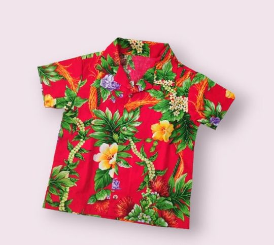 Hawaiian kids boys toddler short sleeve button up polo shirts floral red tropical Hawaiian luau shirts