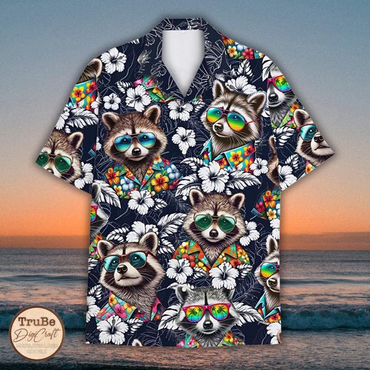 Tropical Raccoon Hawaiian Shirt Men Women Youth, Hibiscus Raccoon Shirt, Raccoon Button Up, Summer Beach Shirt, Raccoon Lovers, Holiday Trip