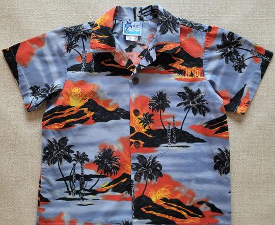 Boy's Hawaiian Shirt, RJC HAWAII Kids Aloha Shirt, Made in Hawaii, Pele Volcano Goddess Button Down Beach Shirt, 100% Cotton, Boys Size 6