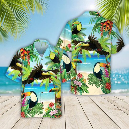 Toucan Tropical Beach Hawaiian Shirt Funny Bird Shirt for Men and Women, Bigfoot Flamingo Tropical Aloha Summer Button Down