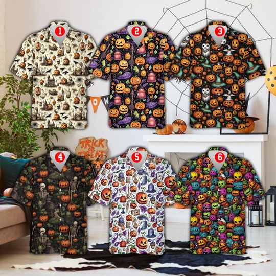 Vintage Halloween Hawaiian Shirt For Men & Women, Gothic Castle, Ghosts, Skeletons And Pumpkins Button Up Shirt, Spooky Fall Aloha Shirt