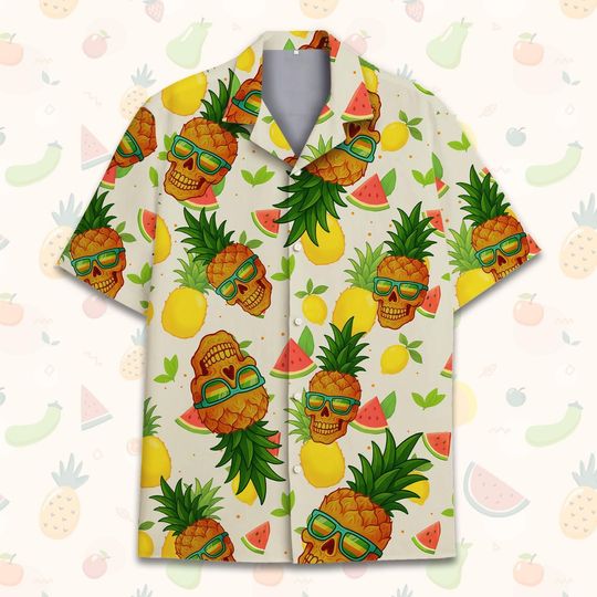 Skull Pineapple Hawaiian Shirt Men Women Youth, Tropical Summer Fruits Shirt , Skull Button-Down Shirt Short Sleeve, Perfect for Beach Vibe