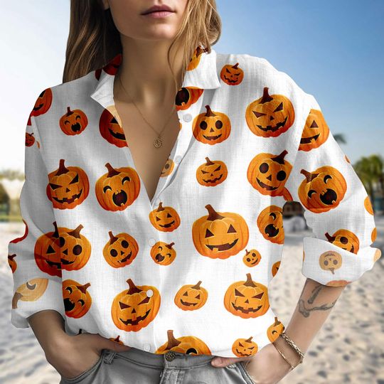 Pumpkin Halloween Shirt, Halloween Pumpkin Face Blouse Shirt, Halloween Party Outfit, Spooky Autumn Top, Halloween Gift For