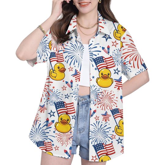 Rubber Duck Independence Day Pattern Hawaiian Shirt For Women Duck USA Flag Pattern Short Sleeve Button Down Shirt Womens Hawaiian Shirts