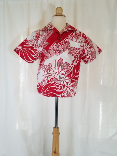 Boys Hawaiian Aloha Shirt-Size 6-Short Sleeve-Red & White Tribal Floral Print-Coconut Buttons-100% Cotton-Ready to Ship